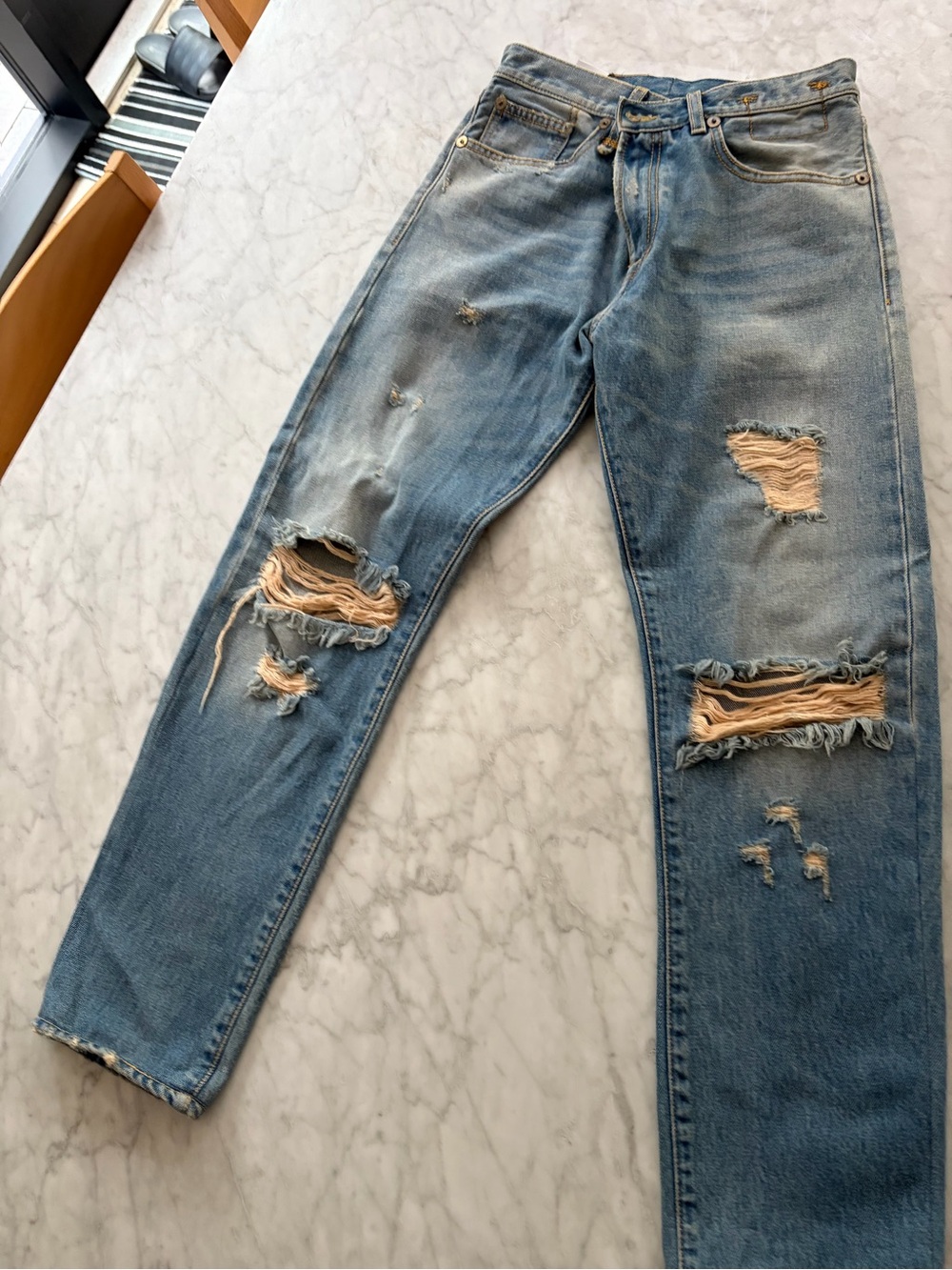 R13 Light Blue Distressed Straight Jeans